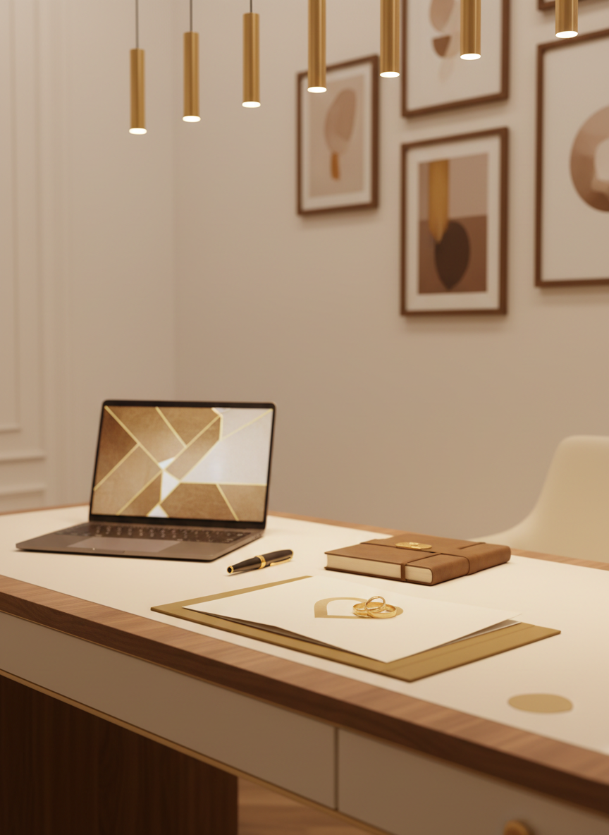 An elegant, warmly lit matchmaking workspace designed without people, featuring a sleek cream-colored desk against a soft off‑white wall. A sophisticated dark brown laptop sits open beside a gold-accented notebook and a fountain pen, with a pair of intertwined gold rings resting on a folded folder labeled with an abstract heart icon rather than text. The desk surface is a smooth walnut wood that glows under diffused pendant lighting. In the background, softly blurred, are framed minimalist art pieces in brown and gold tones. Photographic realism at eye level, with a shallow depth of field, creates a luxurious, inviting mood that suggests trust, professionalism, and marriage-focused matchmaking without showing any human subjects.