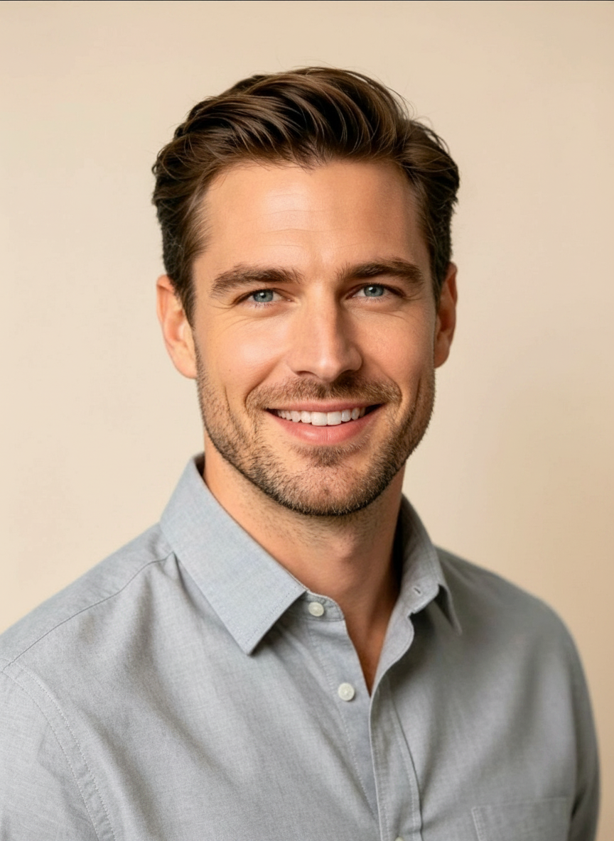 White man in gray shirt (warm background)