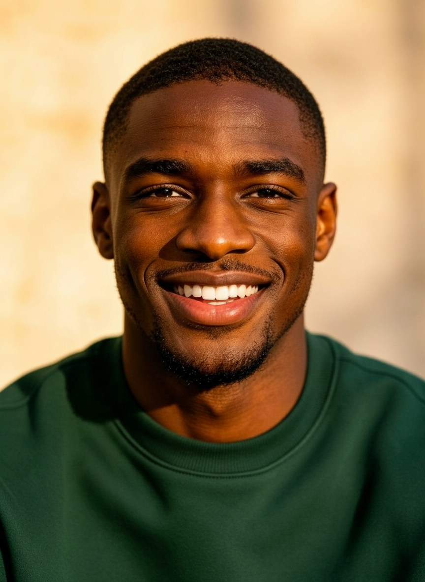 Man in dark green sweatshirt (warm background)